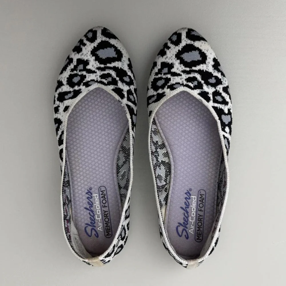 Skechers Leopard Print Ballet Flats White Black 44886 Women US 7.5